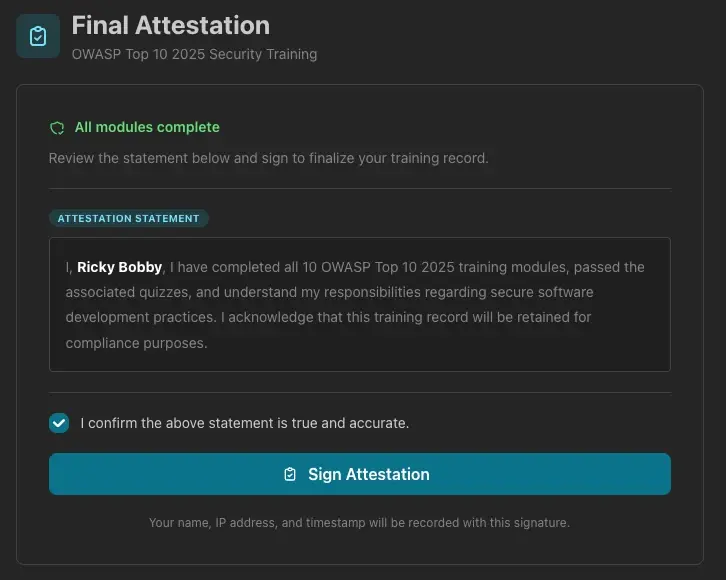 Attestation screen where a learner signs a formal attestation for a course