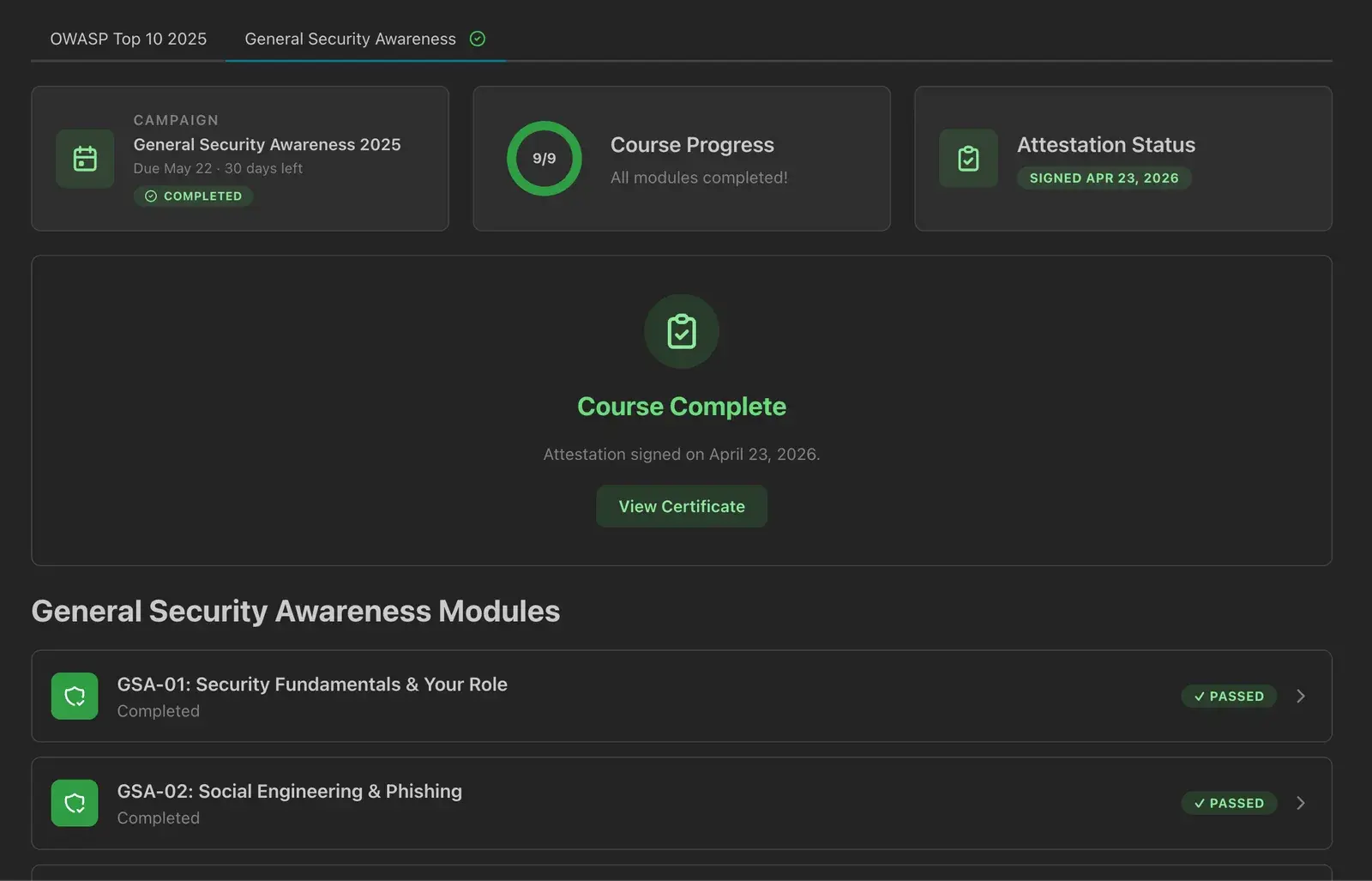 Course complete screen shown to a learner after passing every module